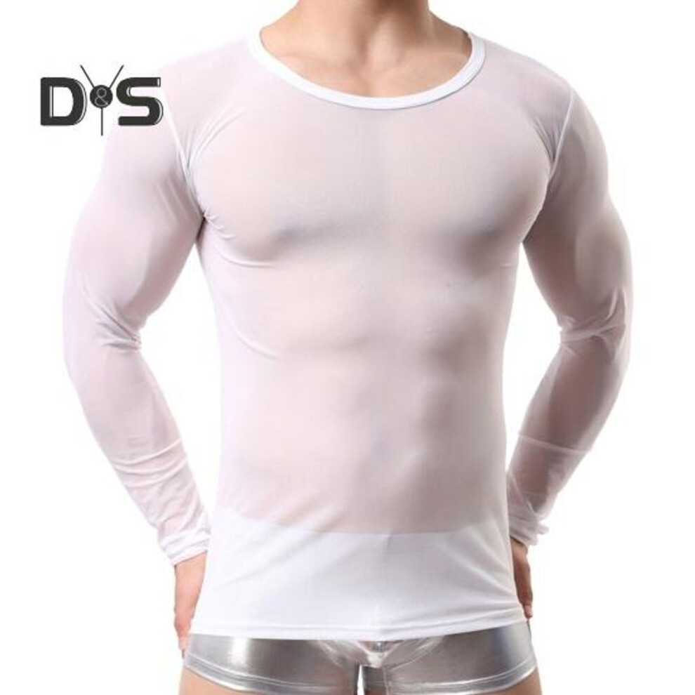 (white, M) Men Mesh Top Ultra Thin See-through O Neck Long Sleeves Solid Color Stretchy Slim Fit Party Homewear Dance Performance T-shirt