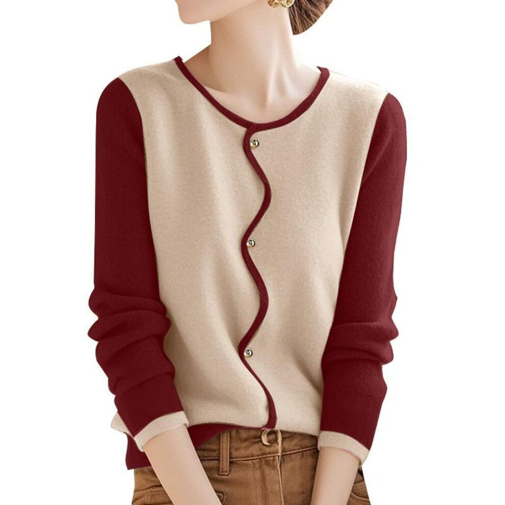 (3XL, wine red) ZANZEA Women Casual Round Neck Long Sleeve Patchwork Blouse