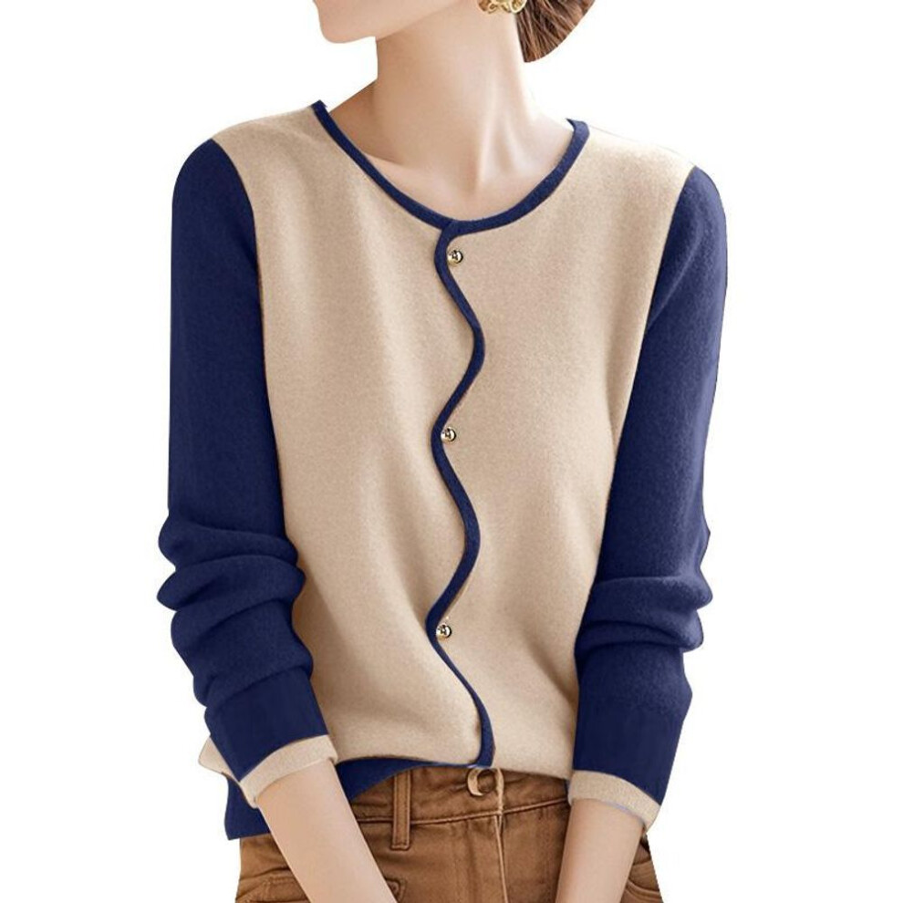 (L, dark blue) Zanzea Women Casual Round Neck Long Sleeve Patchwork Blouse