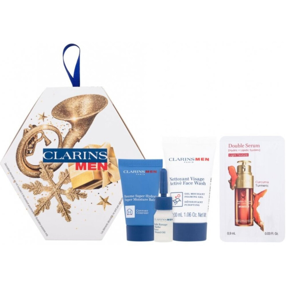 Clarins Men 12ml Moisturizing Balm + 30ml Facial Cleanser + 3ml Shaving Oil + 0.9ml Double Serum Light Sachet