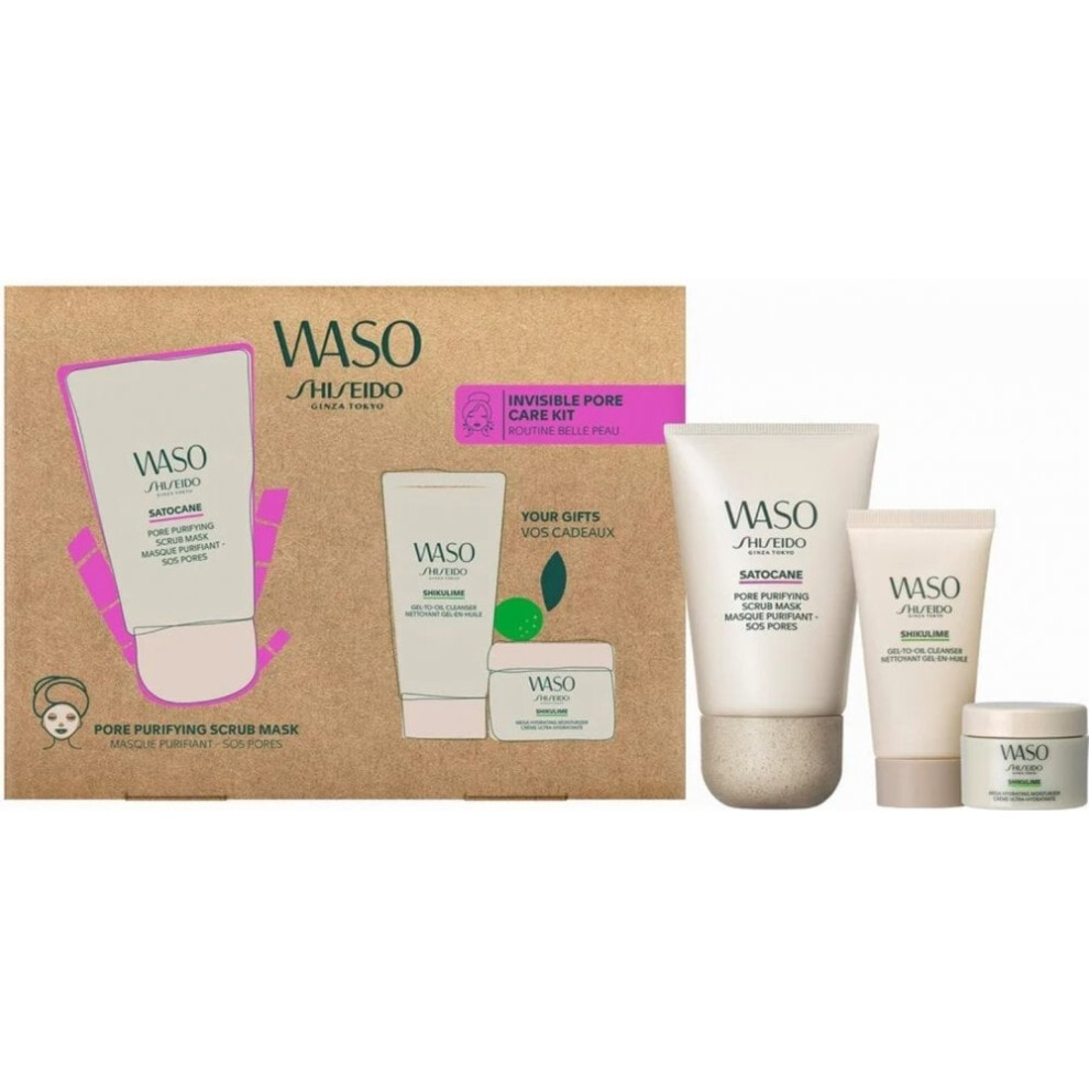 Shiseido Waso Invisible Pore Care Gift Set: Moisturiser 15ml - Cleanser 30ml - Scrub Mask 80ml