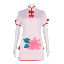 (Cheongsam + Hair Accessories + Bells, M) Ranma 1/2 Shampoo Cosplay Costume Cheongsam Maid Dress Sweet Pink Anime Outfit Polyester