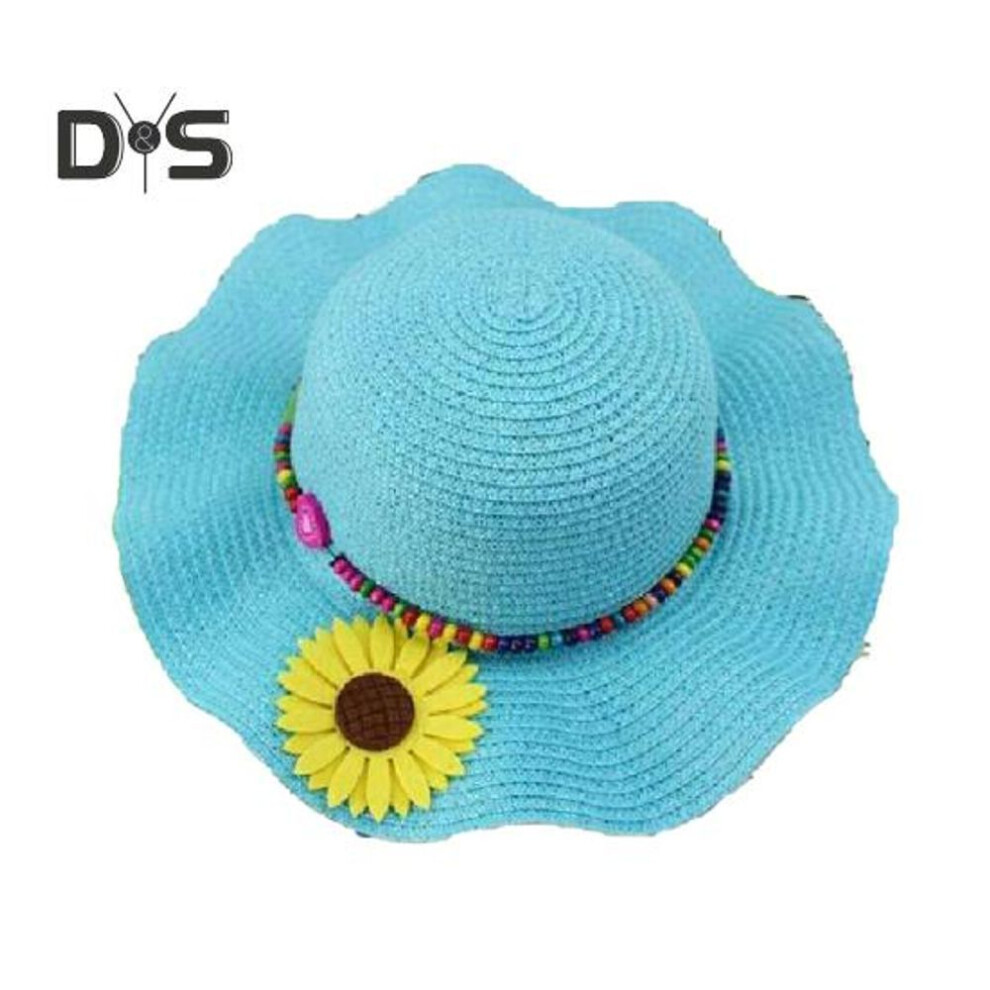 (blue) Boys Girls Sun Hat Sun-Blocking Design Breathable Beach Hat Wavy Brim Yellow Flowers Beads Weave Straw Hat