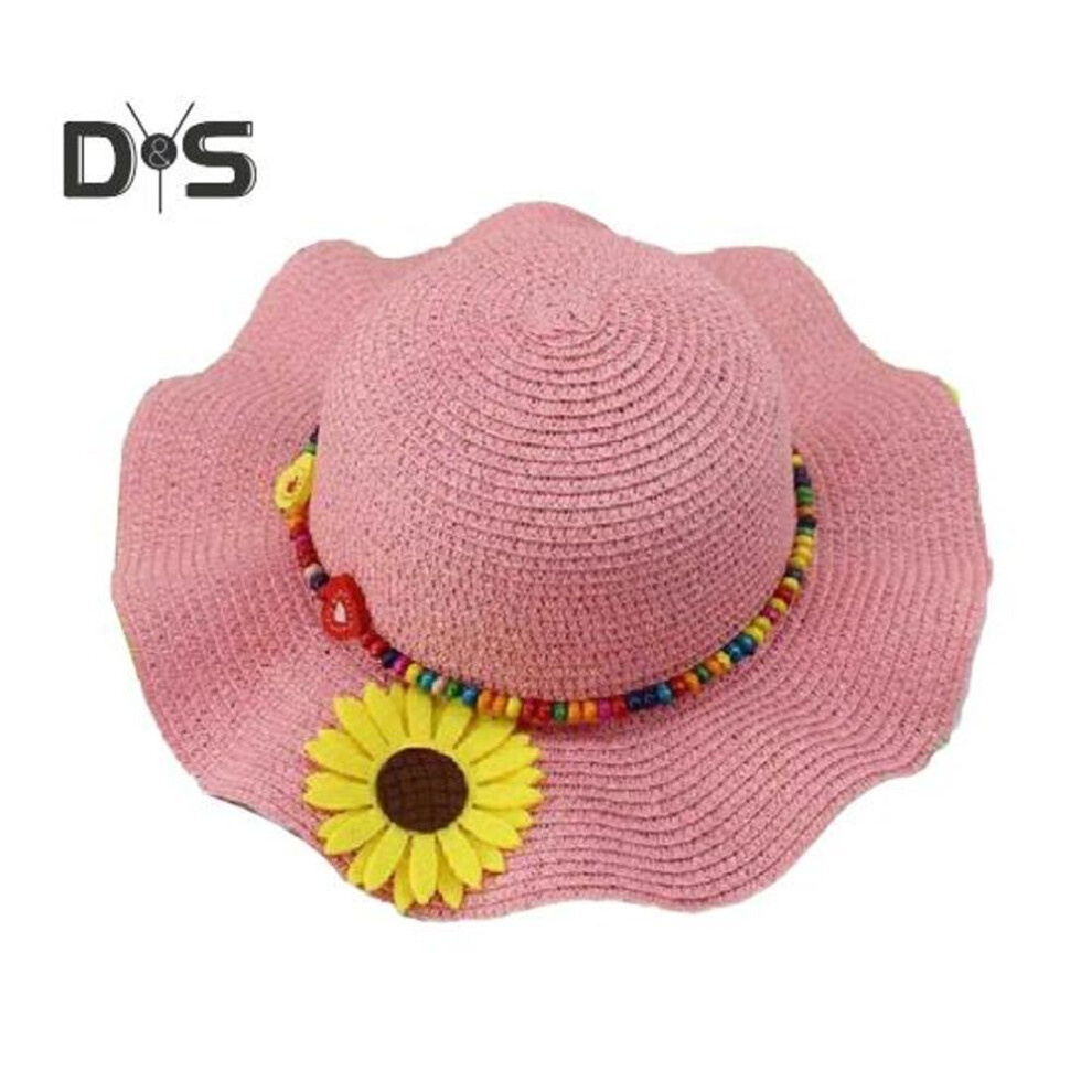 (pink) Boys Girls Sun Hat Sun-blocking Design Breathable Beach Hat Wavy Brim Yellow Flowers Beads Weave Straw Hat