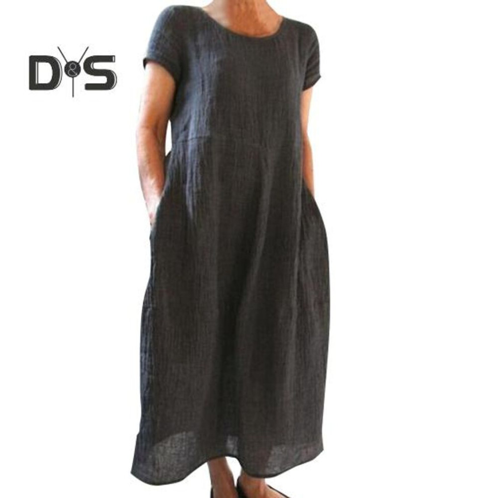 (dark gray, XL) Summer Maxi Dress with Side Pockets Round Neck Short Sleeves Loose Solid Color Ankle Length Retro Dress for Daily Wear Dating Travel