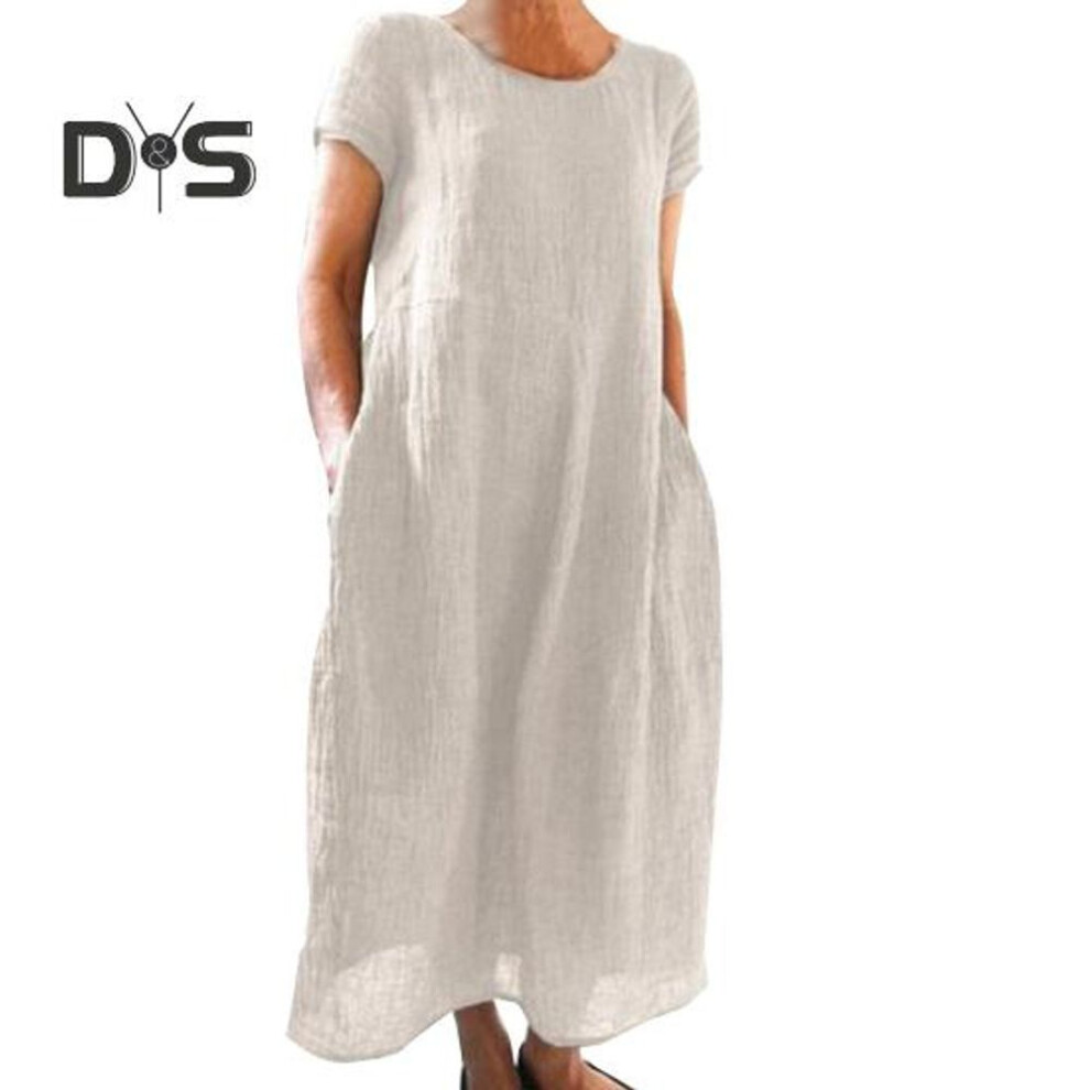 (white, M) Summer Maxi Dress With Side Pockets Round Neck Short Sleeves Loose Solid Color Ankle Length Retro Dress For Daily Wear Dating Travel