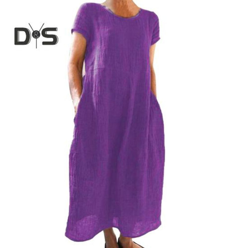 (purple, XL) Summer Maxi Dress with Side Pockets Round Neck Short Sleeves Loose Solid Color Ankle Length Retro Dress for Daily Wear Dating Travel
