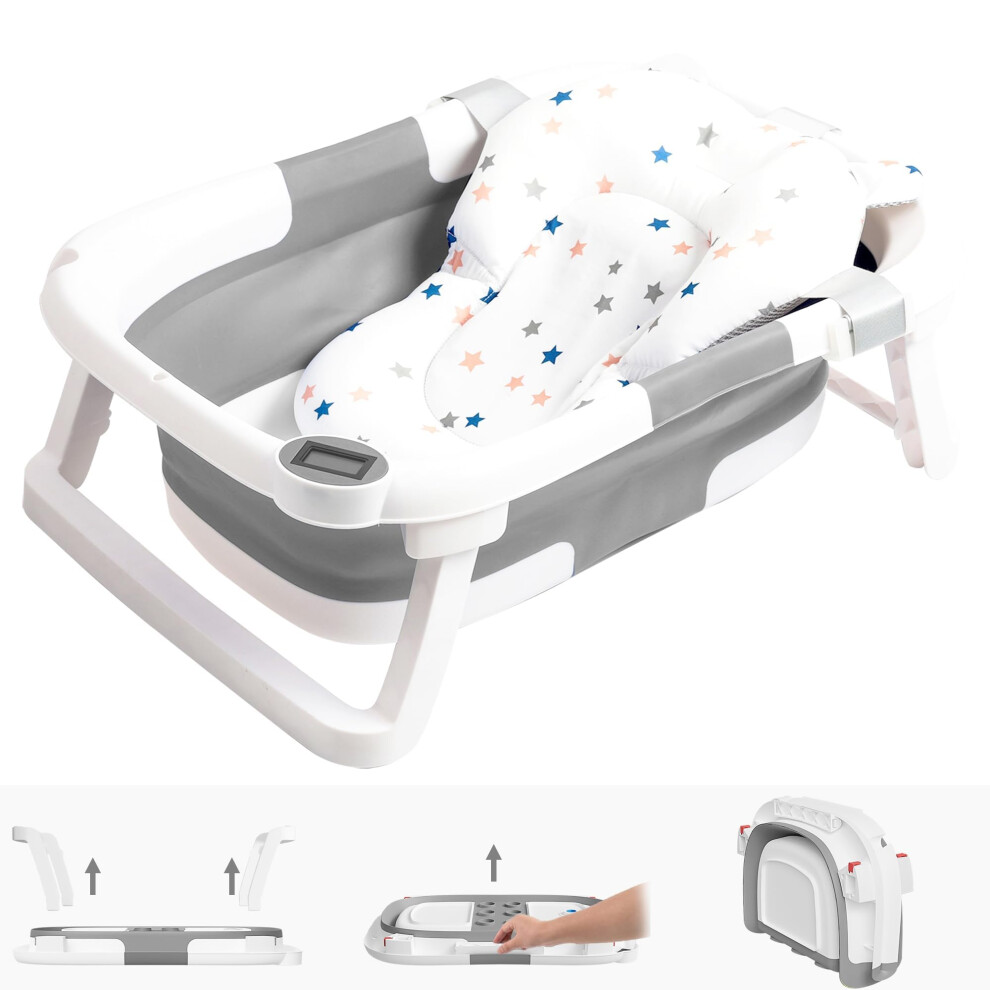 Collapsible Baby Bathtub Baby Bath Tub With Soft Cushion & Thermometer Baby Bathtub Newborn To Toddler 0-36 Months Portable Travel Baby Tub Gray Napei