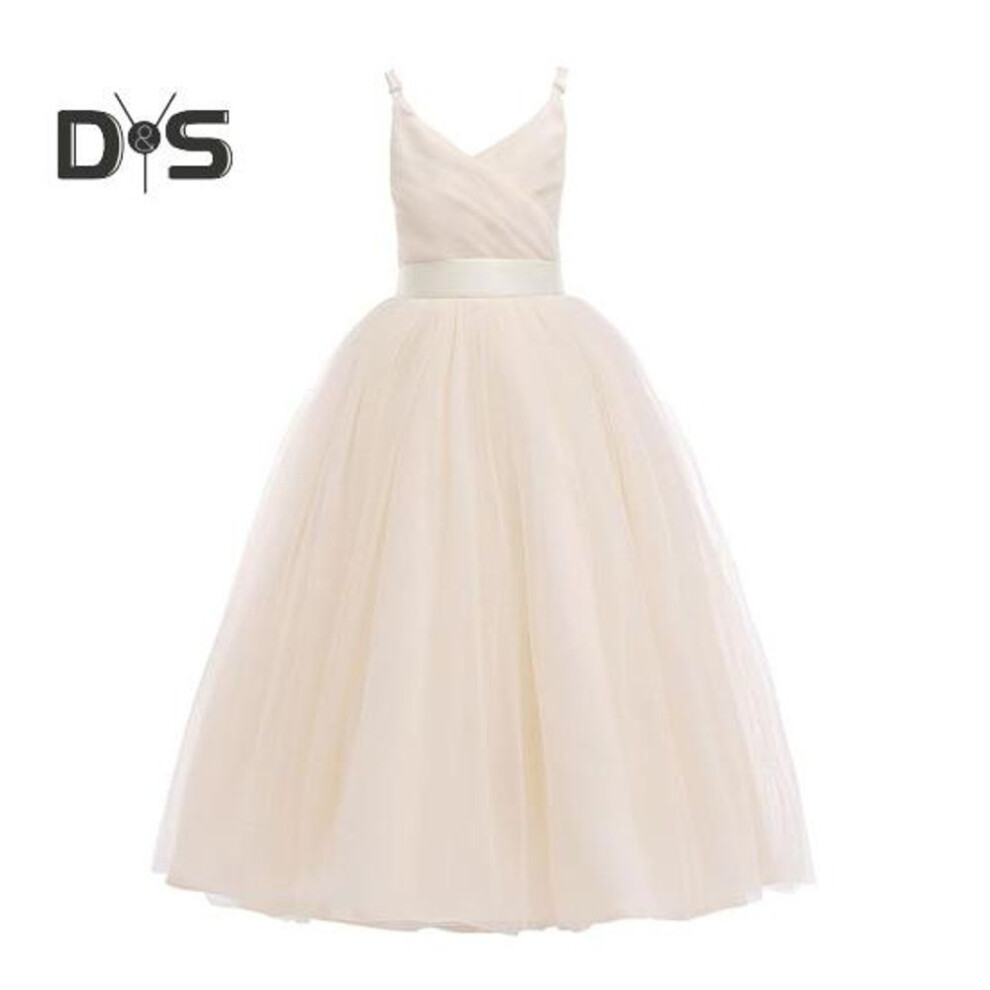 (champagne, 160cm) Girls Formal Wedding Dress Tulle Long A Line Pageant Princess Maxi Dress Kids Birthday Prom Ball Gown