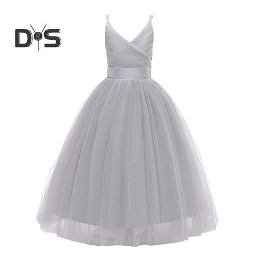 (grey, 110cm) Girls Formal Wedding Dress Tulle Long A Line Pageant Princess Maxi Dress Kids Birthday Prom Ball Gown