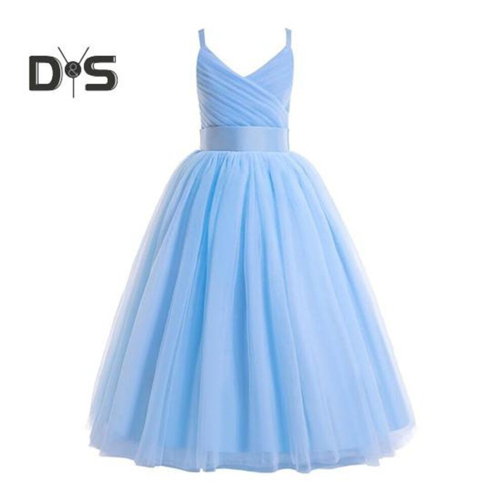 (light blue, 130cm) Girls Formal Wedding Dress Tulle Long A Line Pageant Princess Maxi Dress Kids Birthday Prom Ball Gown