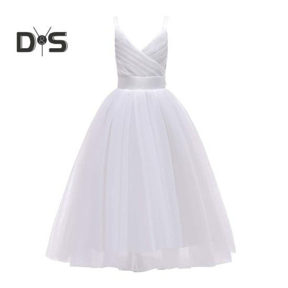 (white, 130cm) Girls Formal Wedding Dress Tulle Long A Line Pageant Princess Maxi Dress Kids Birthday Prom Ball Gown