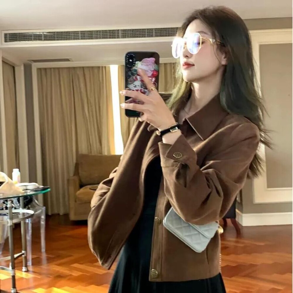(coffee, M) Coffee Faux Suede Short Jacket For Women, Loose Fit Vintage Coat For Spring And Autumn
