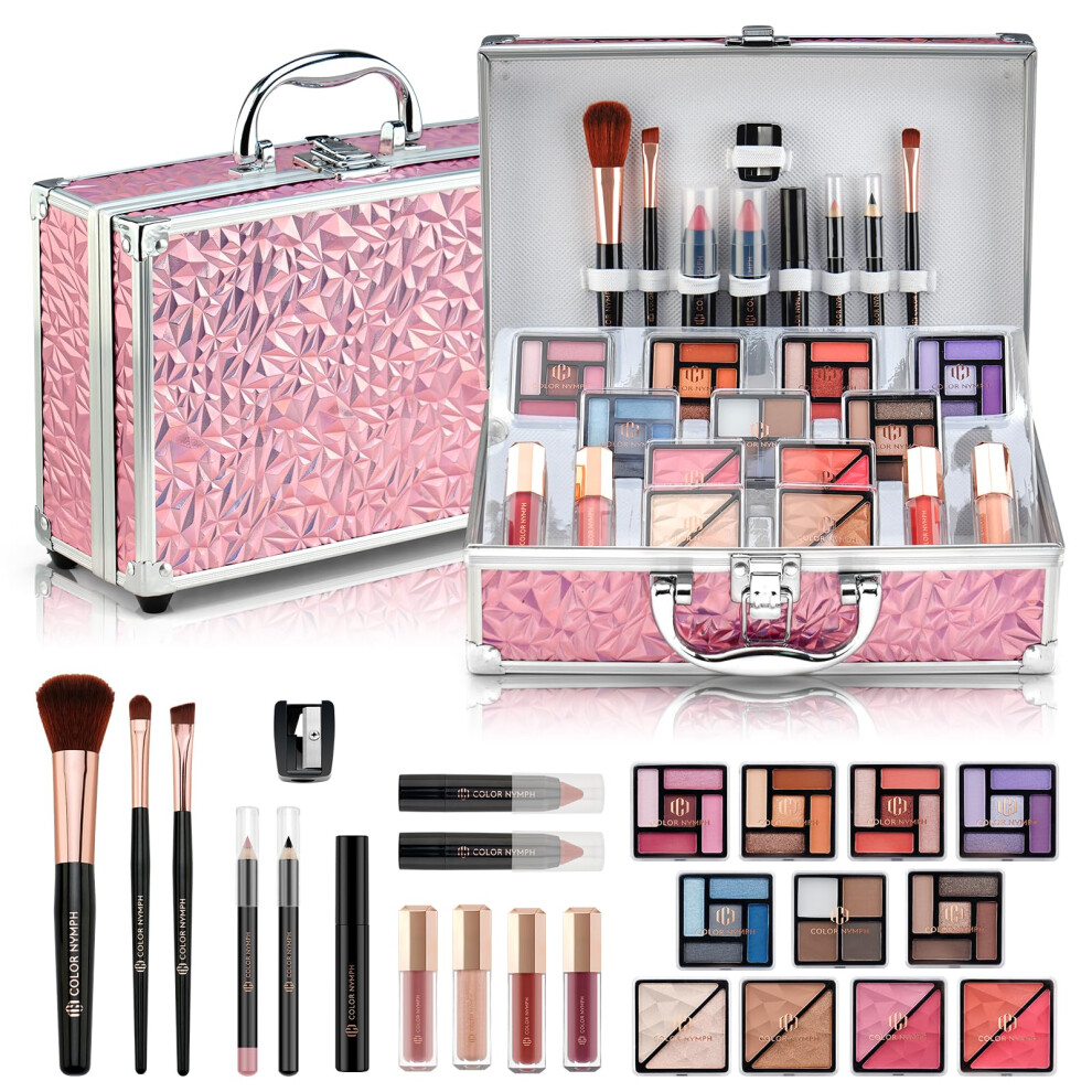 Color Nymph Starter Makeup Kit For Tweens Girls, Train Case For Women Full Kit With Eye Shadow, Lipstick, Blush, Brushes, Lipgloss, Mascara, Brow Wax