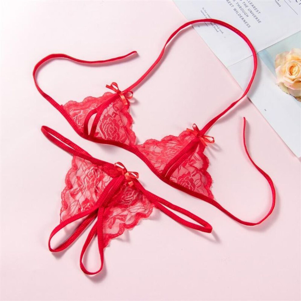 (One size, red) Sexy Lingerie Temptation Sexy Lace Transparent Ladies Three-point Women's Open Crotch Suit