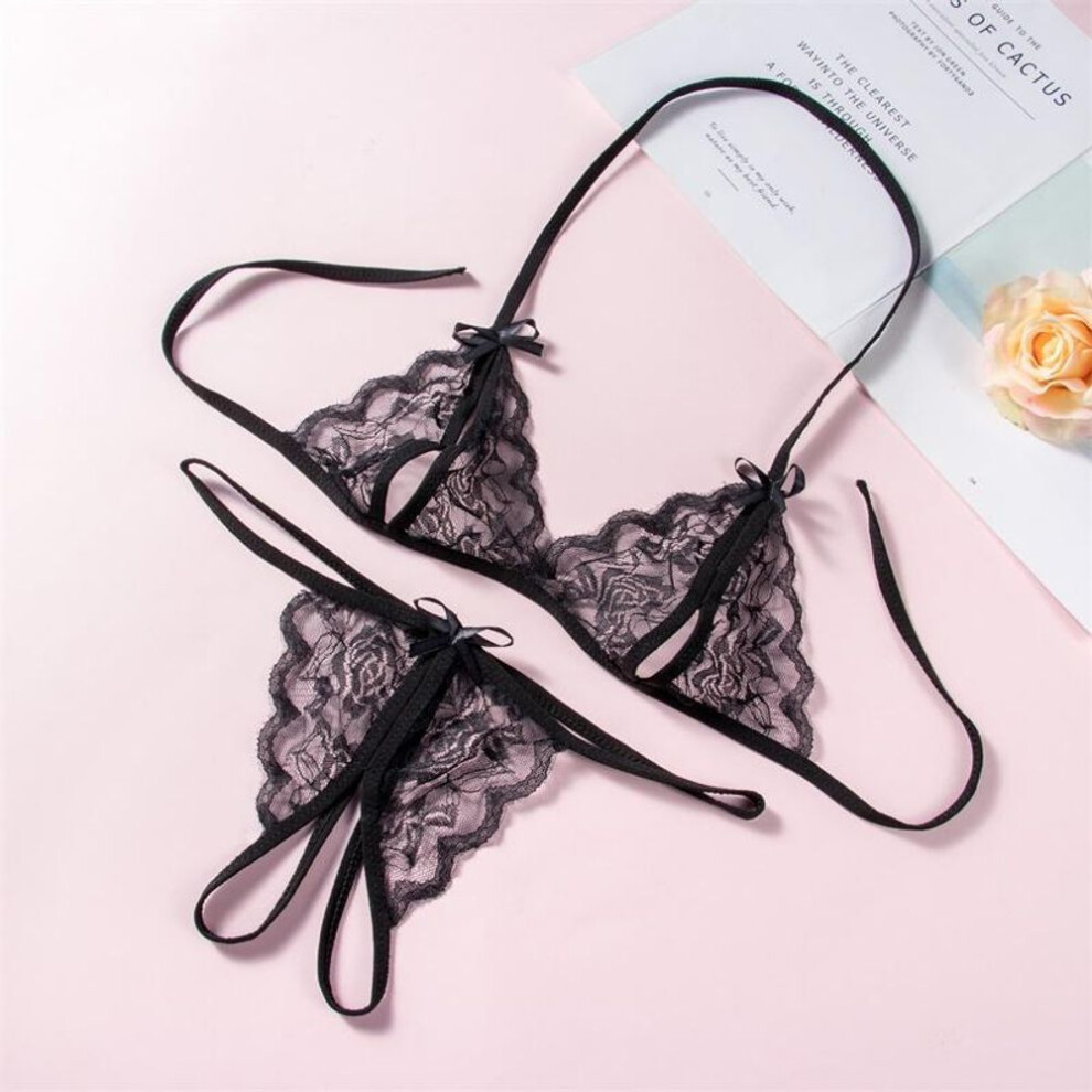 (One size, black) Sexy Lingerie Temptation Sexy Lace Transparent Ladies Three-point Women's Open Crotch Suit