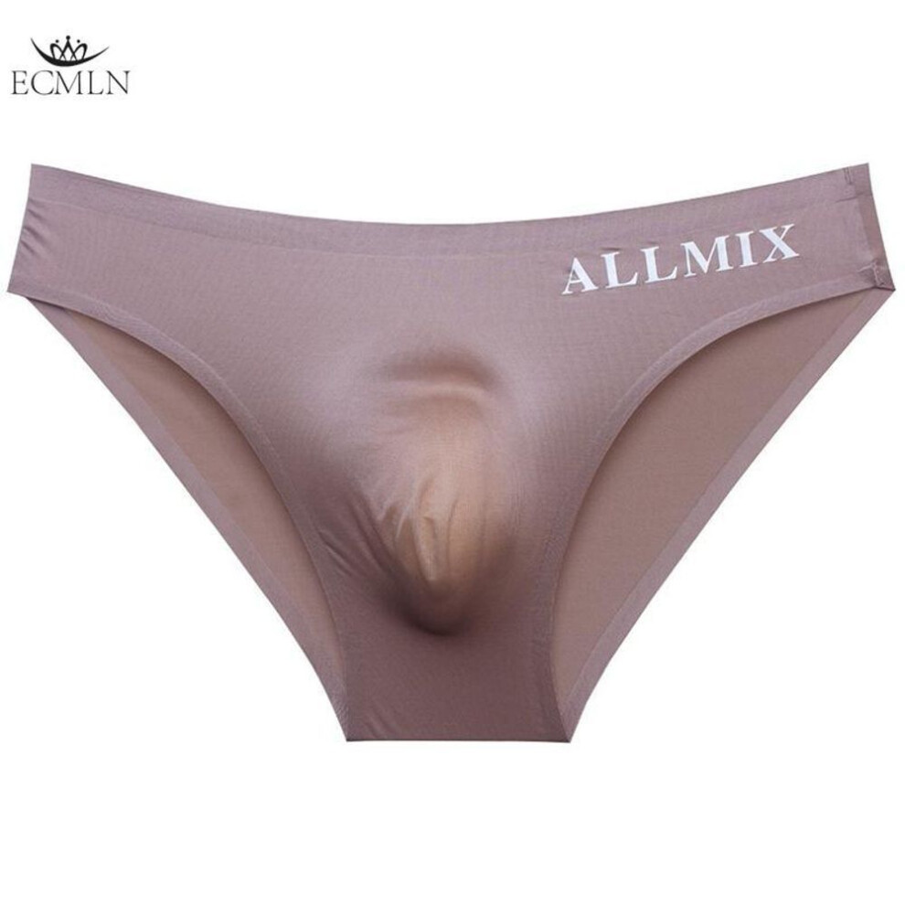 (L, brown) Men's Brief Underwear Ice Silk See Through Sexy Underpants Sports Letter Thong Underwear Seamless Thong Bikini