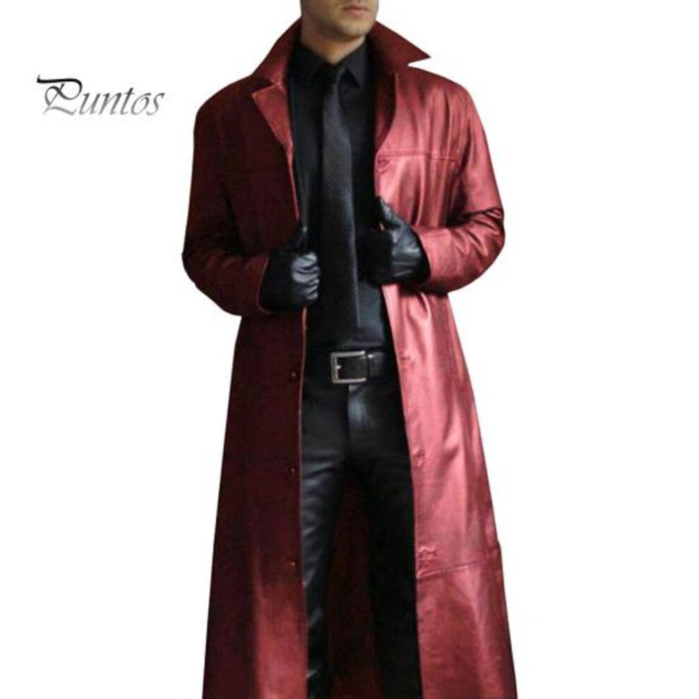 (red, L) Men Jacket Suit Collar Long Sleeve Single Breasted Faux Leather Jacket Extra Long Windbreaker Slim Fit Men Outerwear