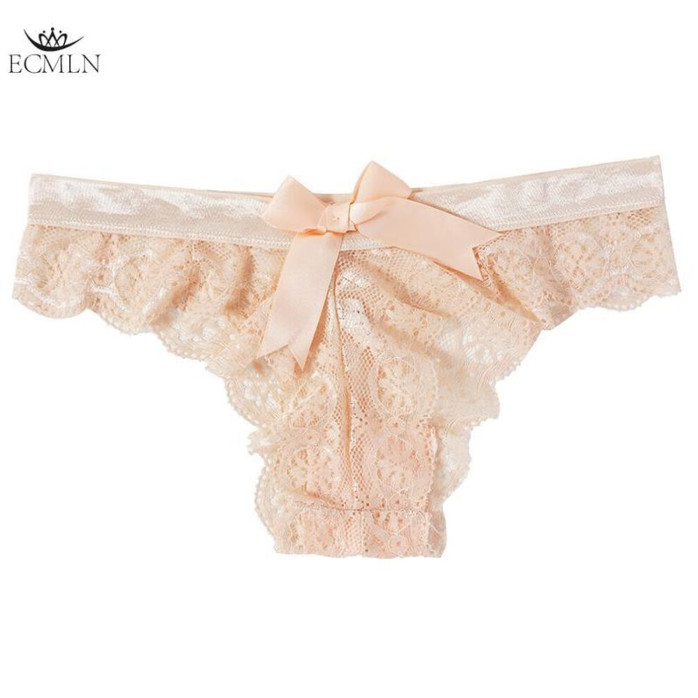 (beige, L) Women Back Cute Bow Panties Sexy Lace Thongs Seamless Bikinis Ladies Underwear