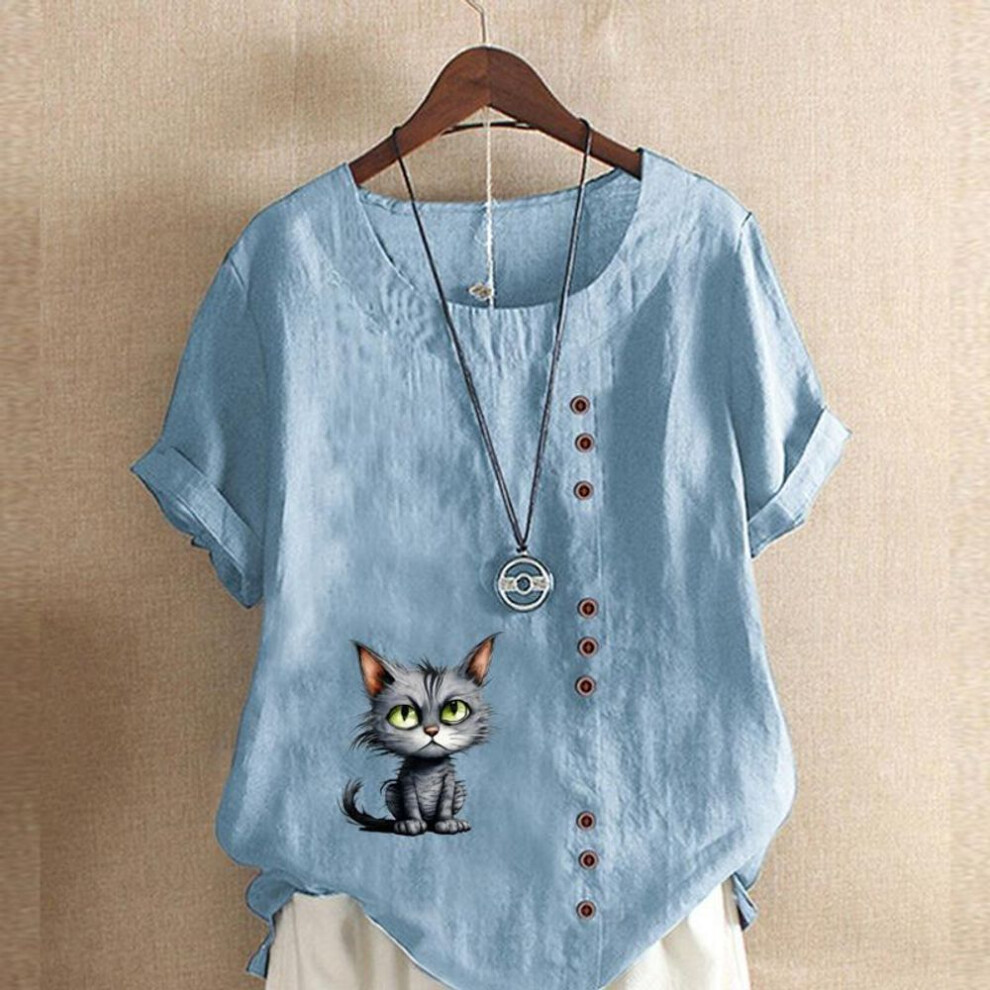 (3XL, blue) Women's Fashion Cute Cat Prined Short Sleeve T-shirt Loose Cotton Shirt Casual Loose Summer Blouse Tops Plus Size