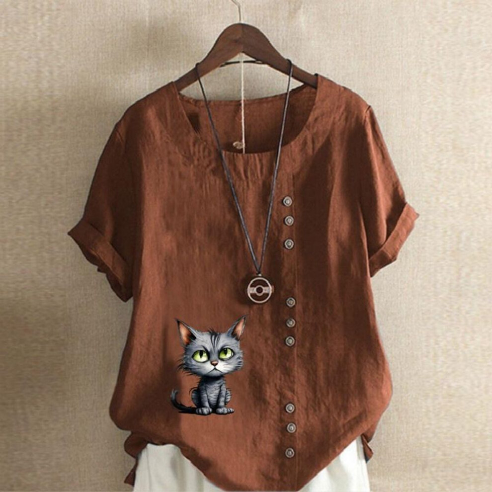 (XXL, brown) Women's Fashion Cute Cat Prined Short Sleeve T-shirt Loose Cotton Shirt Casual Loose Summer Blouse Tops Plus Size
