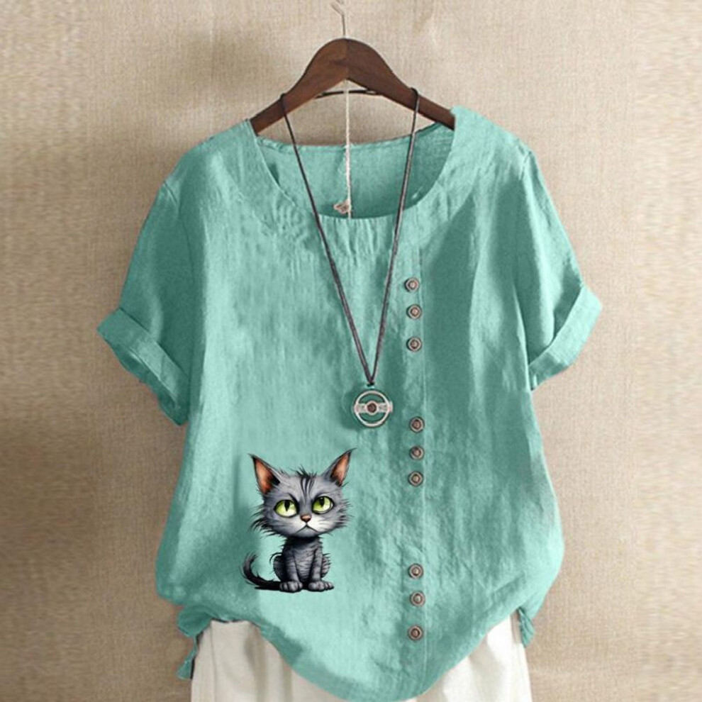 (XXL, lake blue) Women's Fashion Cute Cat Prined Short Sleeve T-shirt Loose Cotton Shirt Casual Loose Summer Blouse Tops Plus Size