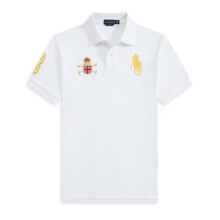 (White, M) Men's Custom Fit Crown motif Polo Shirt Cotton Short Sleeve Large Pony Polo Top