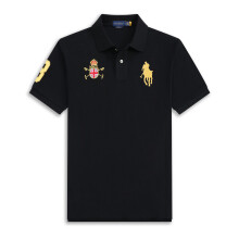 (Black, M) Men's Custom Fit Crown motif Polo Shirt Cotton Short Sleeve Large Pony Polo Top