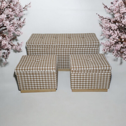Wide Rectangle Chequered Standard Ottoman with Storage (Set of 3) - Wood 1