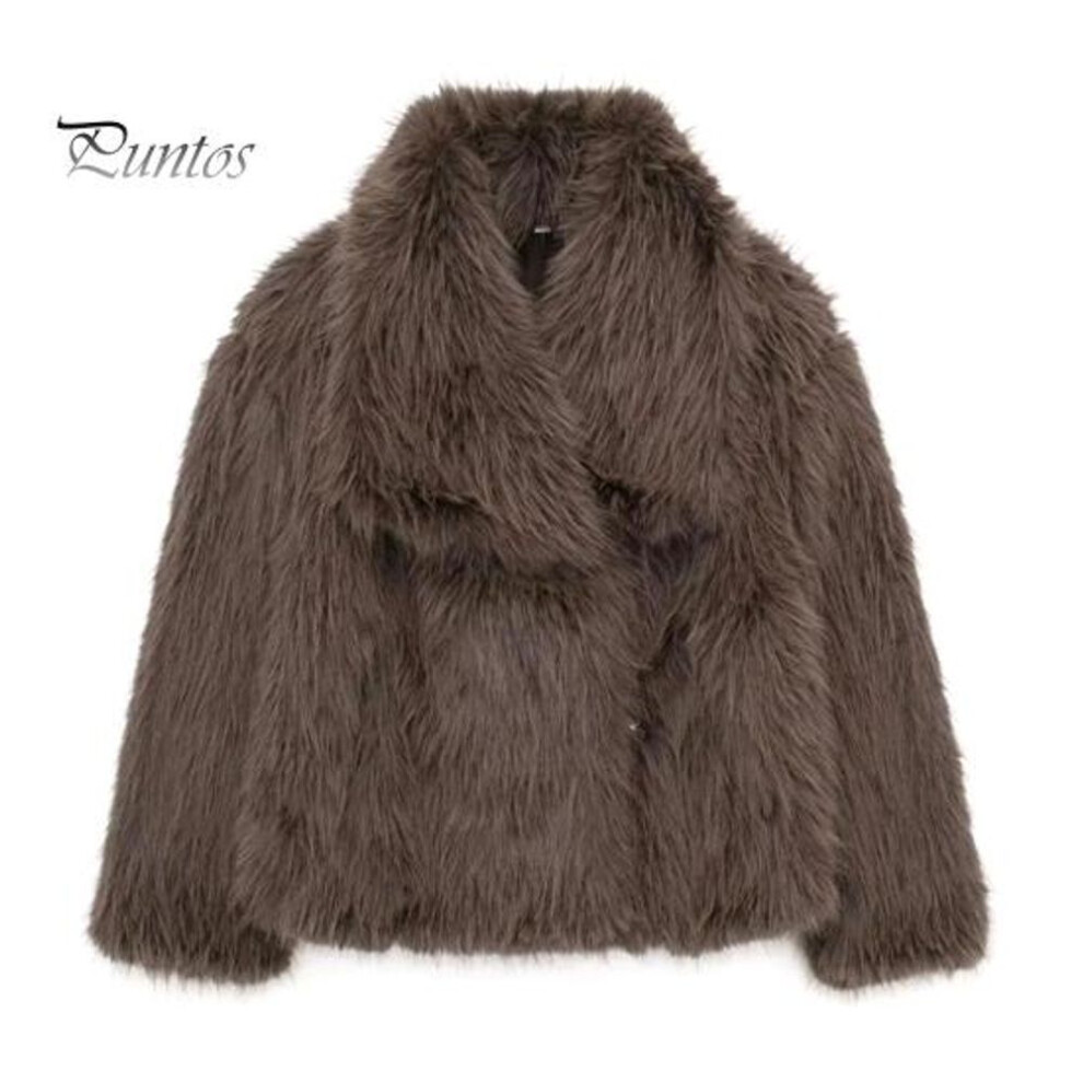 (coffee, M) Women Faux Fur Jacket Turn-down Collar Fuzzy Cozy Short Type Outerwear Long Sleeve Loose Fit Celebrity Warm Jacket for Daily Wear Outdoor