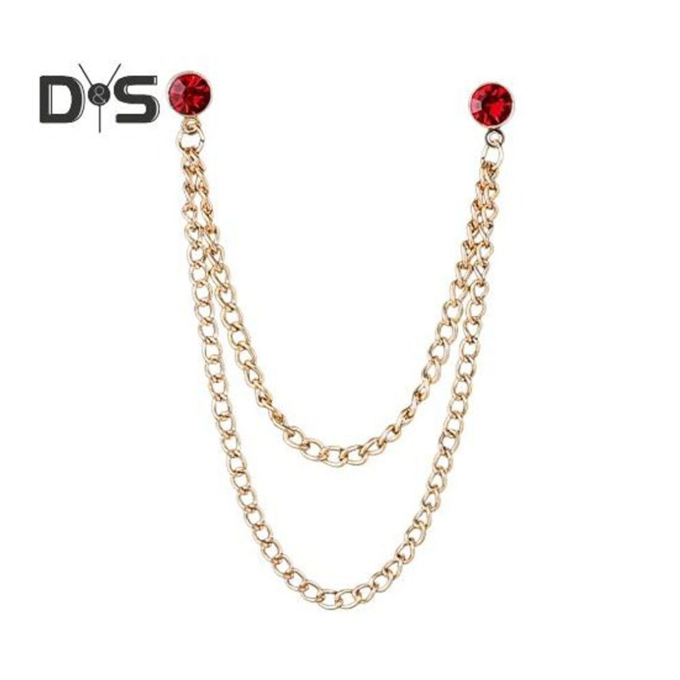 (red) Men Suit Pin Rhinestone Decor Double Chains Anti-slip Dress-up Polished Coat Collar Pin Coat Brooch Adult Clothes Hats Bags Jewelry