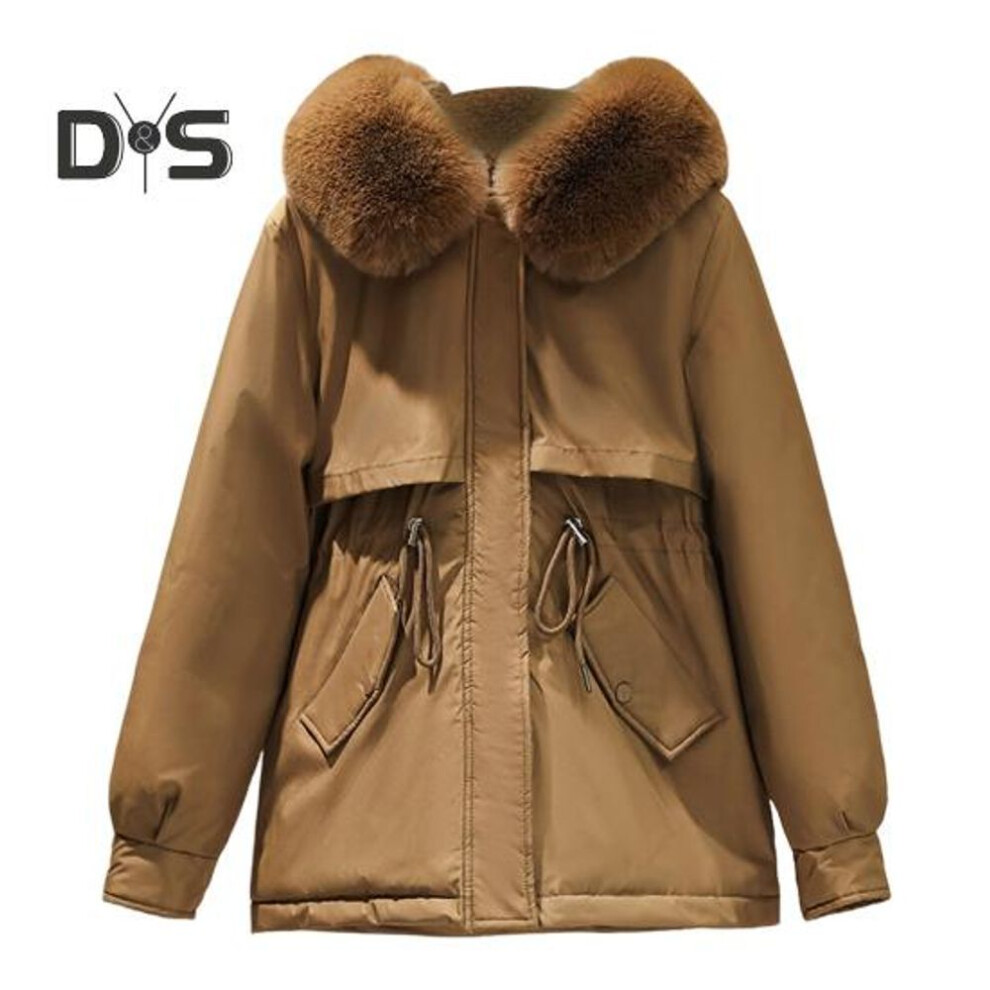 (coffee, M) Winter Women Jacket Furry Hood Long Sleeves Padded Drawstring Waist Pockets Cotton Coat Zipper Closure Mid Length Solid Color Windproof Warm Coat