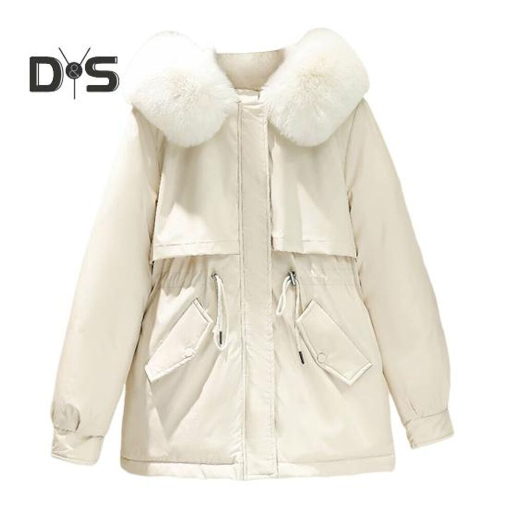 (beige, L) Winter Women Jacket Furry Hood Long Sleeves Padded Drawstring Waist Pockets Cotton Coat Zipper Closure Mid Length Solid Color Windproof Warm Coat
