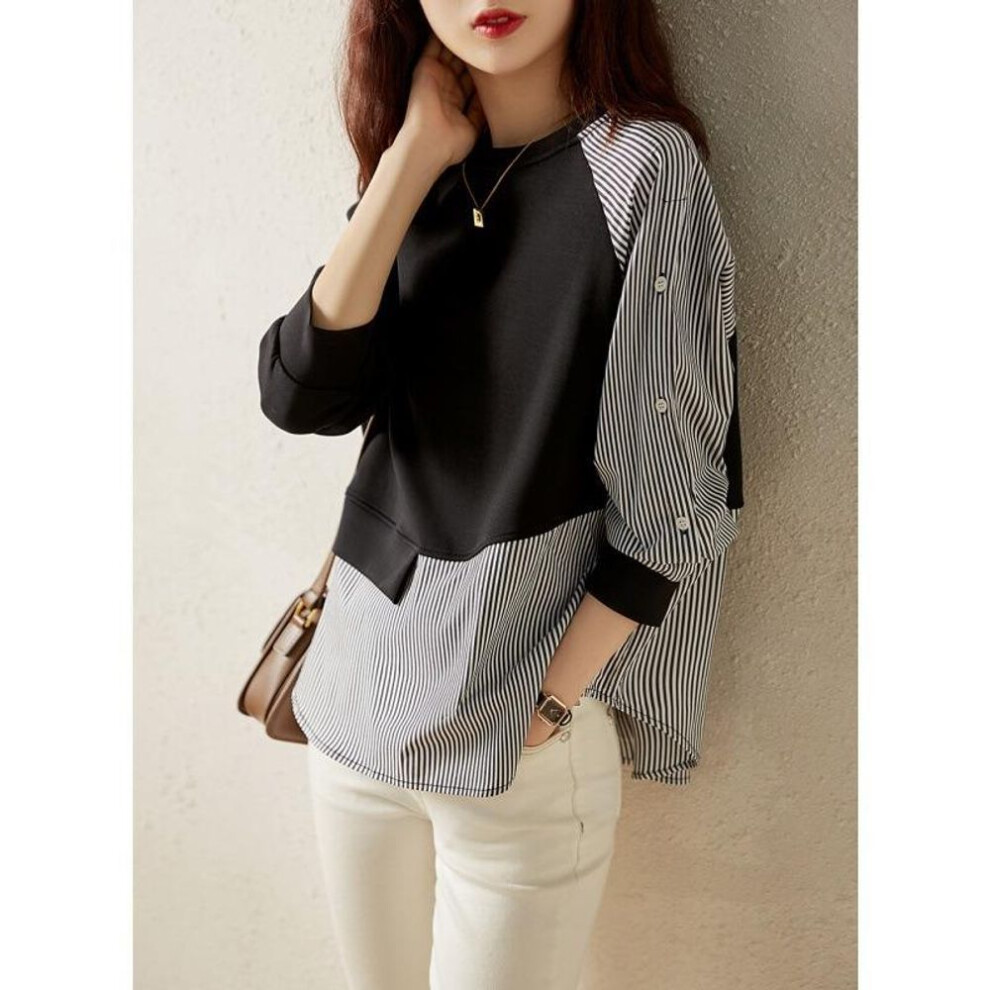(XL, black) Fashion Striped Patchwork Loose Round Neck Shirts for Women Spring Autumn Casual Pullover Blouses Women Elegant Slim Fit Shirt Female Clothing 26594