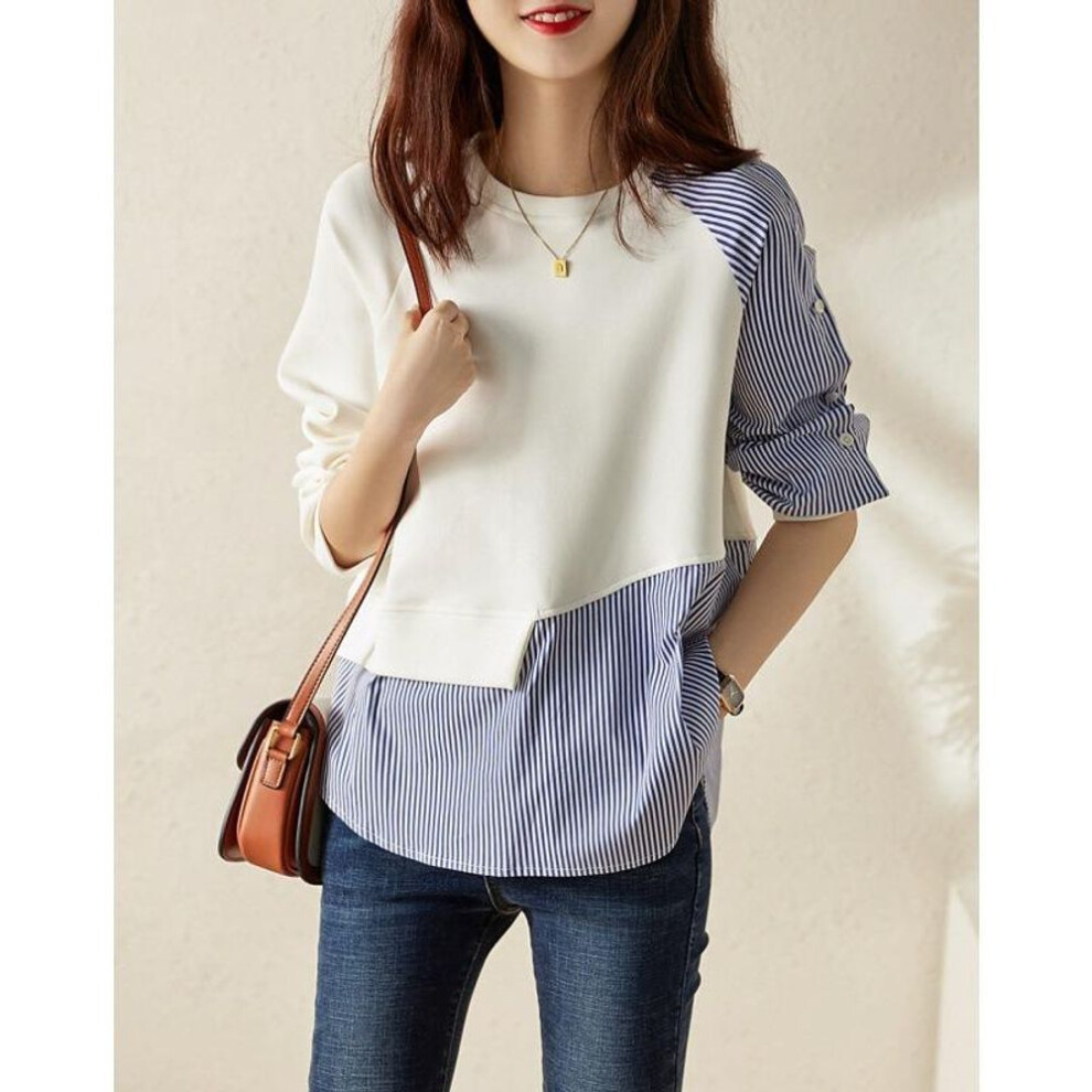 (2XL, white) Fashion Striped Patchwork Loose Round Neck Shirts for Women Spring Autumn Casual Pullover Blouses Women Elegant Slim Fit Shirt Female Clothing 26594