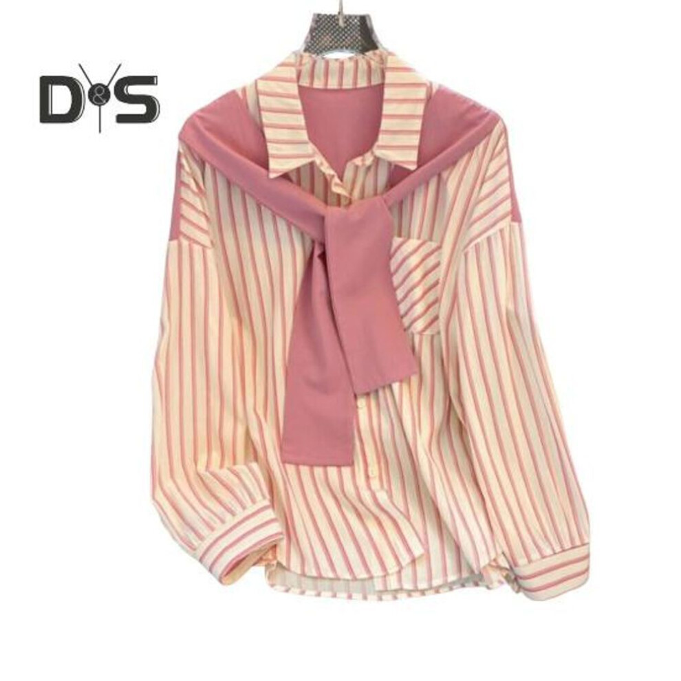 (XXL, pink) Women Shirt Lapel Long Sleeve Vertical Striped Fake Two-Piece Design Shawl Back Shirt Loose Fit Buttons Placket Shirt Tops