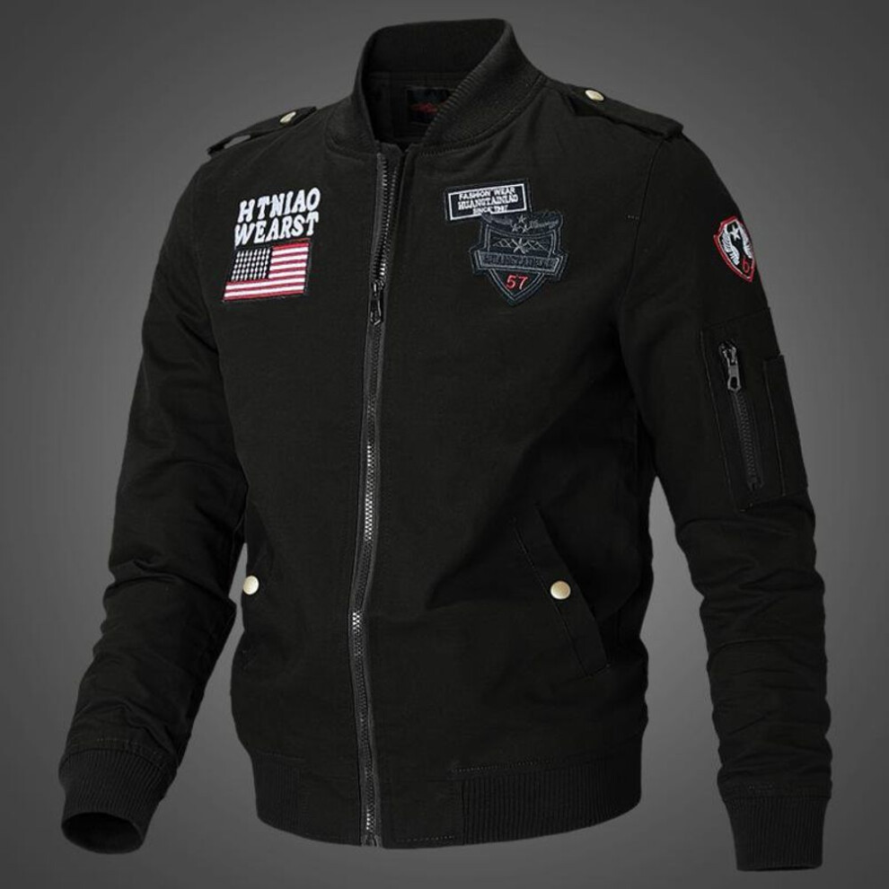 (black, L) Men's Spring Casual Stand Collar Cotton Flight Jacket - Youth Workwear Style