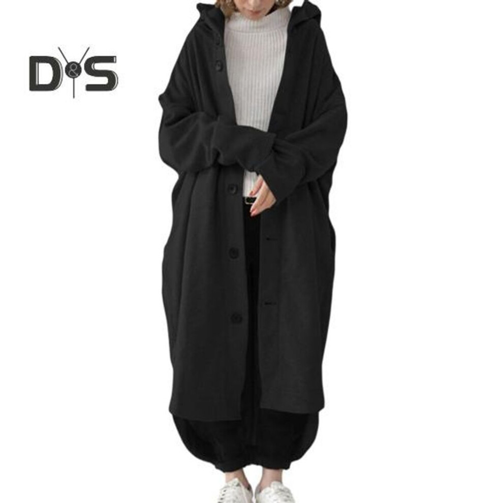 (black, M) Women Winter Coat Hooded Single Breasted Irregular Hem Long Sleeves Ankle Length Thick Pockets Solid Color Lady Outdoor Trench Coat