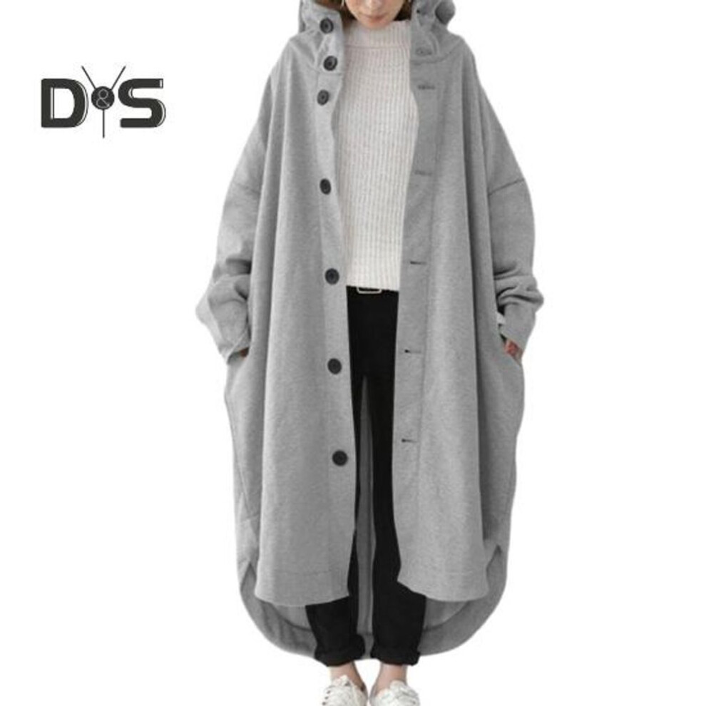 (grey, 2XL) Women Winter Coat Hooded Single Breasted Irregular Hem Long Sleeves Ankle Length Thick Pockets Solid Color Lady Outdoor Trench Coat