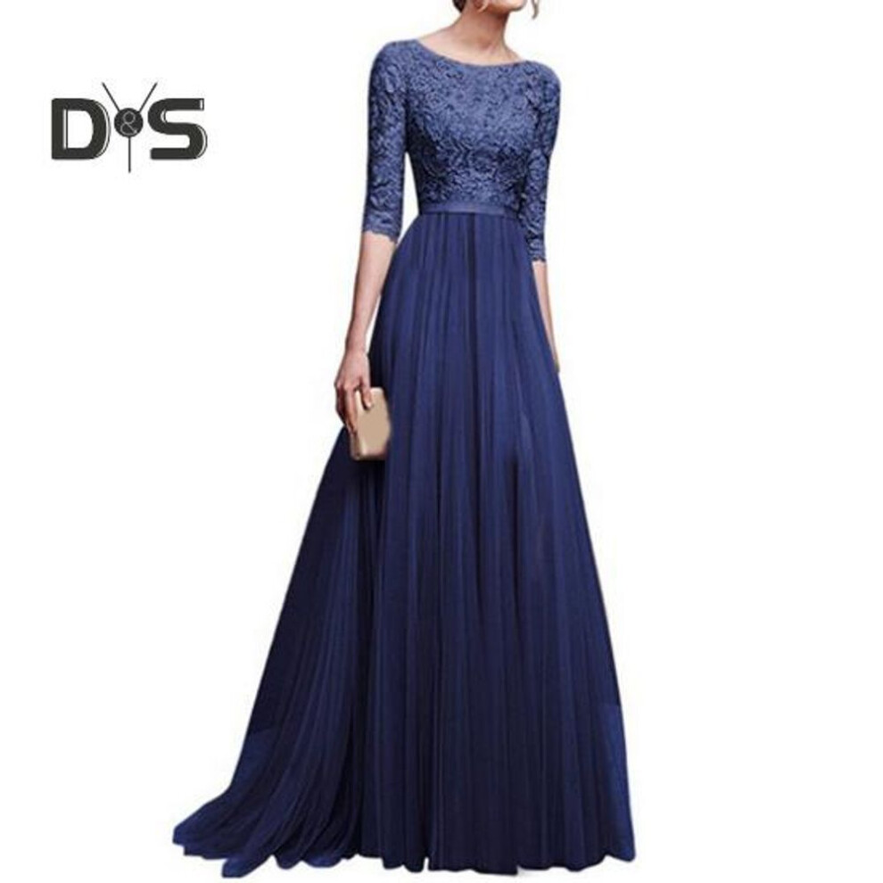 (dark blue, 3XL) Women Prom Party Dress Round Neck Lace Flower Embroidery Half Sleeve Tight Waist Patchwork Floor Length Pleated Lady Fall Winter Maxi Evening Dress