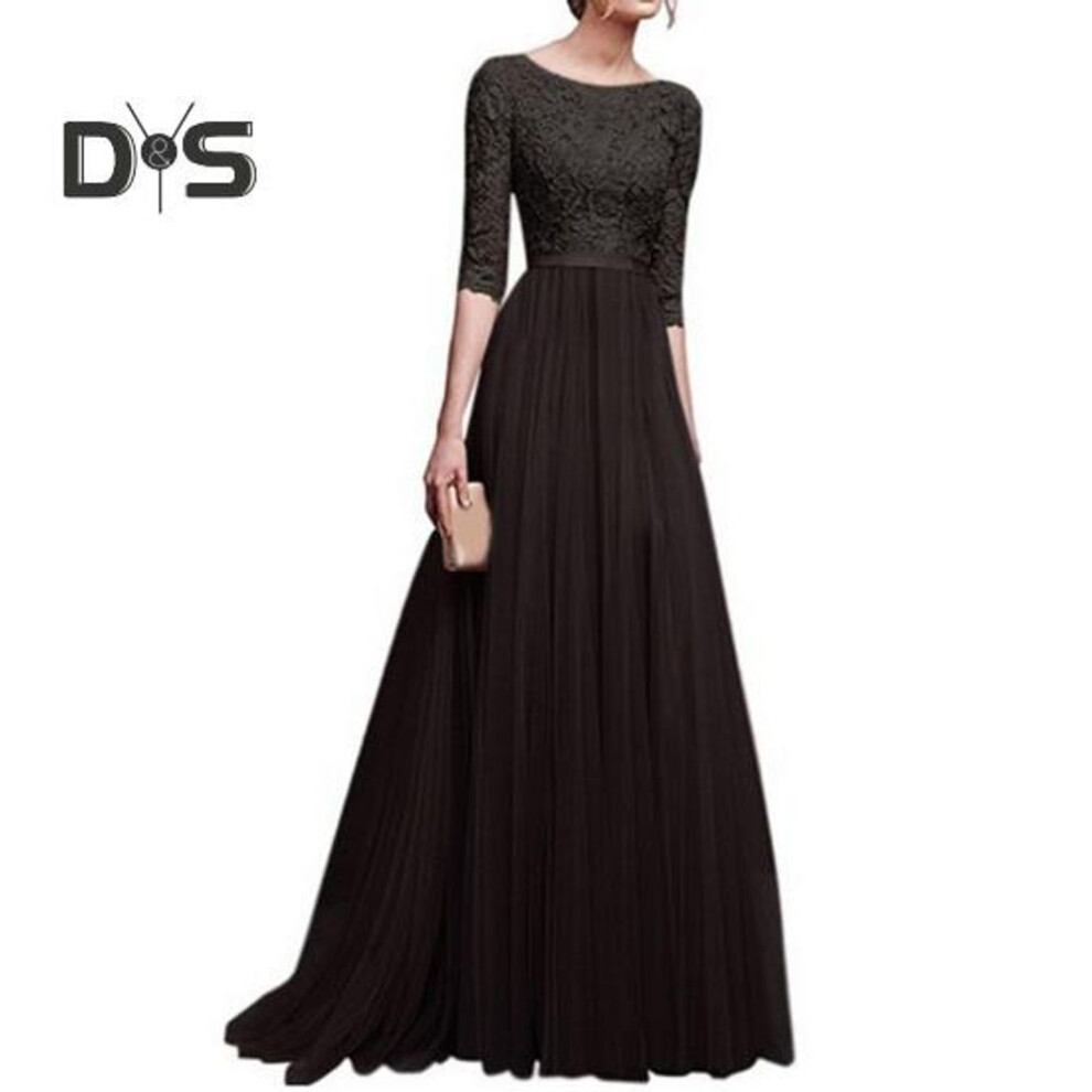 (black, 3XL) Women Prom Party Dress Round Neck Lace Flower Embroidery Half Sleeve Tight Waist Patchwork Floor Length Pleated Lady Fall Winter Maxi Evening Dress