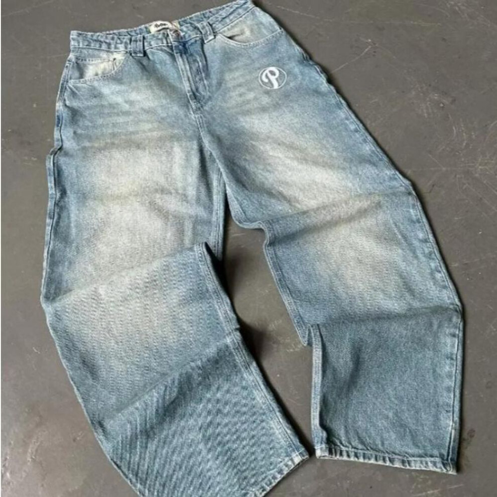 (blue, XL) Streetwear Jeans Y2K mens Pants Harajuku Hip Hop Letter Embroidery Vintage Blue Baggy Jeans High Waist Wide Leg Trouser