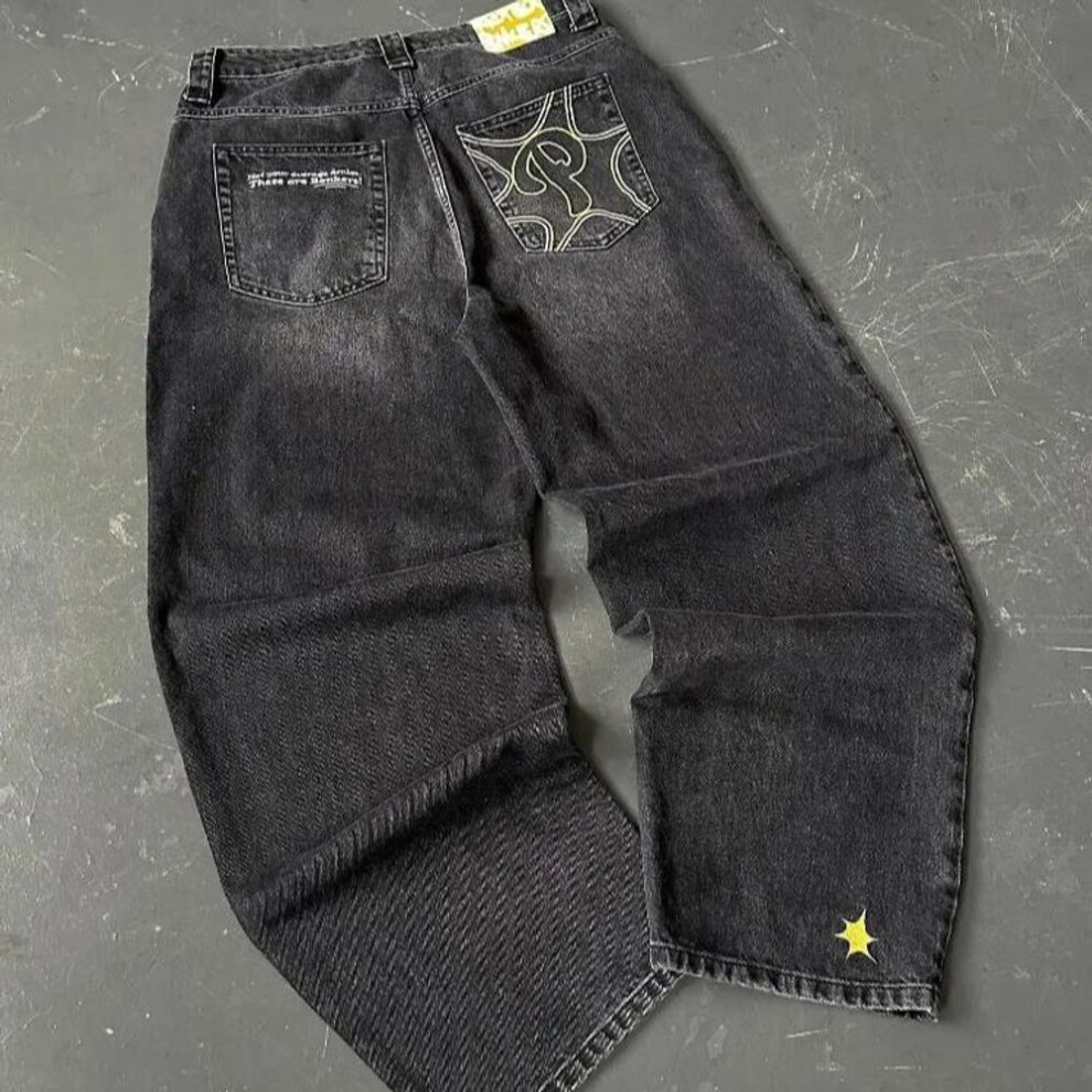 (black, XL) Streetwear Jeans Y2K mens Pants Harajuku Hip Hop Letter Embroidery Vintage Blue Baggy Jeans High Waist Wide Leg Trouser