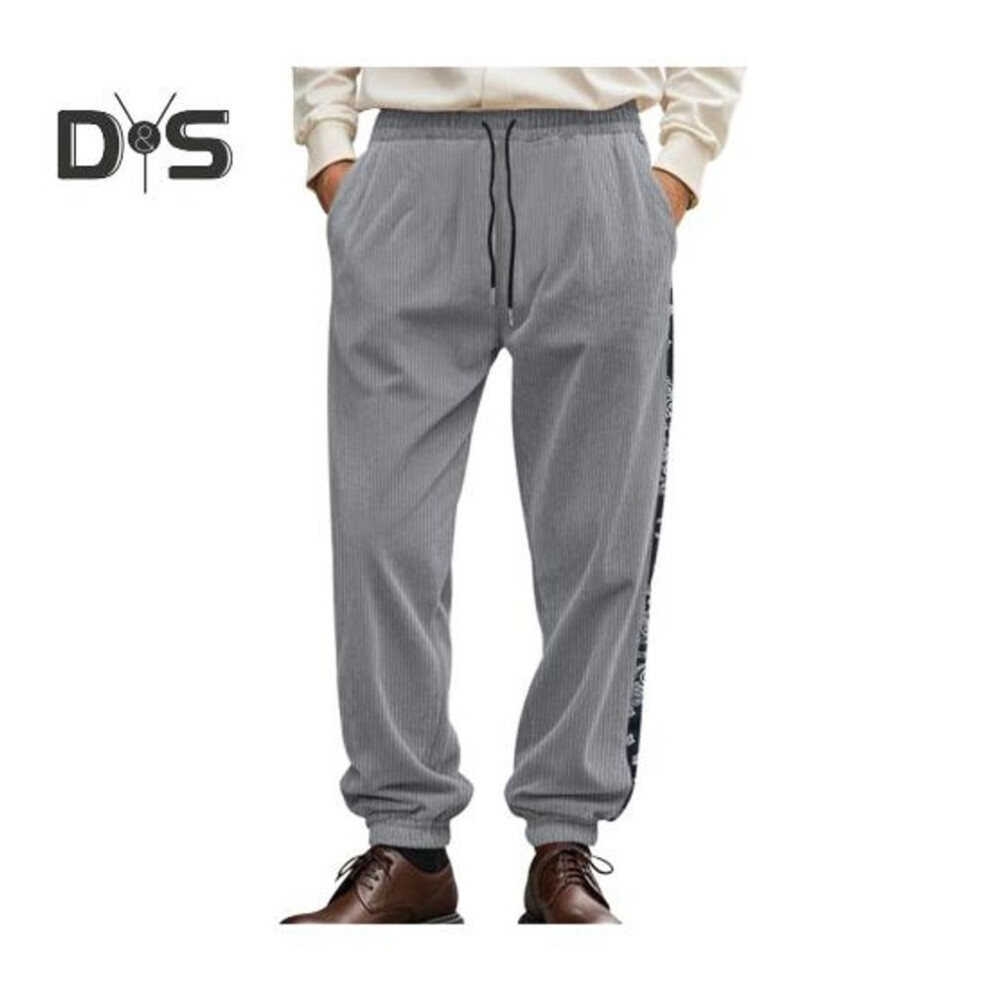 (light grey, XXXL) Men Pants Drawstring Elastic Waist Ankle-banded Loose Cashew Flower Printing Curduroy Sweatpants Streetwear High Street Trousers For Travel Work