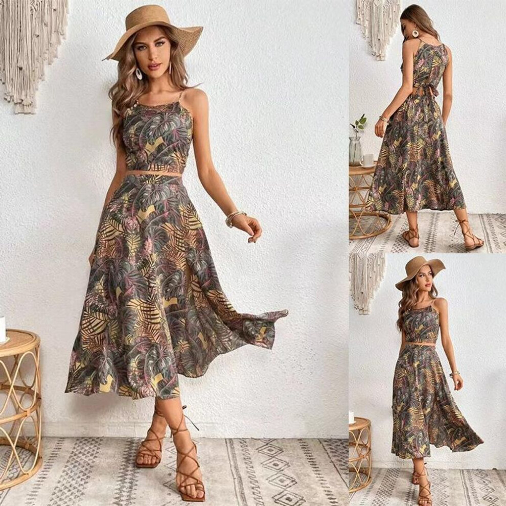 (gray, XL) Women Spring Sleeveless Flower Print Suspender Straps Dress Set Summer Casual Short Top A-Line Ankle-Length High Waist Skirts Suit