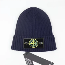 (Navy Blue) Stone Island Hat Warm Thick Cap Cuffed Knit Stretch Beanie Hat