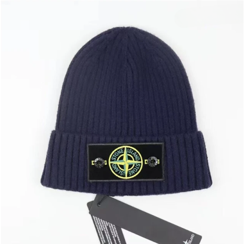 STONE ISLAND (Navy Blue) Stone Island Hat Warm Thick Cap Cuffed Knit Stretch Beanie Hat