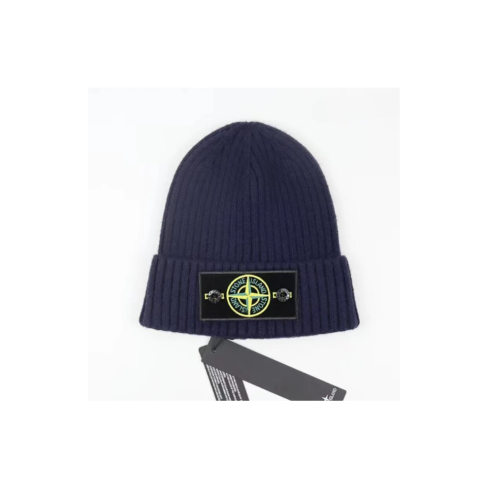 Stone Island (Navy Blue) Hat Warm Thick Cap Cuffed Knit Stretch Beanie Hat