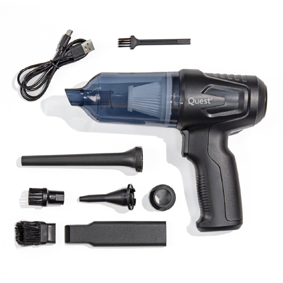 Quest 44900 Handheld Car Vacuum & Blower / 12KPa High Power Suction / HEPA Nano Filter / Compact Cordless Design / 6 Attachments / USB Charging