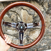 (Krom eker)14 Classic Wood Steering Wheel Racing Car 358mm Krom Silver Eker Vintage träkorn